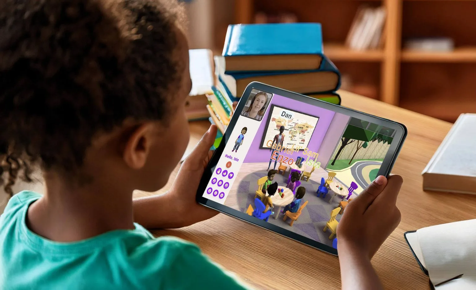 Child using tablet with Voila Learning’s MetaLingo virtual classroom for interactive learning