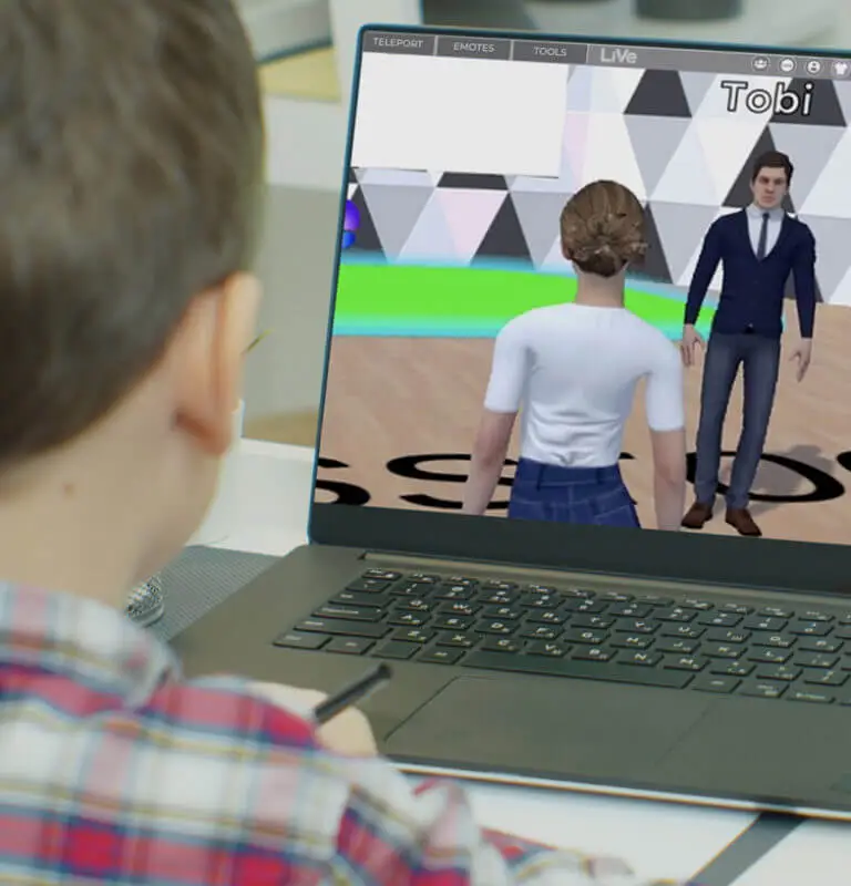 Child using laptop with Voila Learning’s MetaLingo virtual world for interactive learning