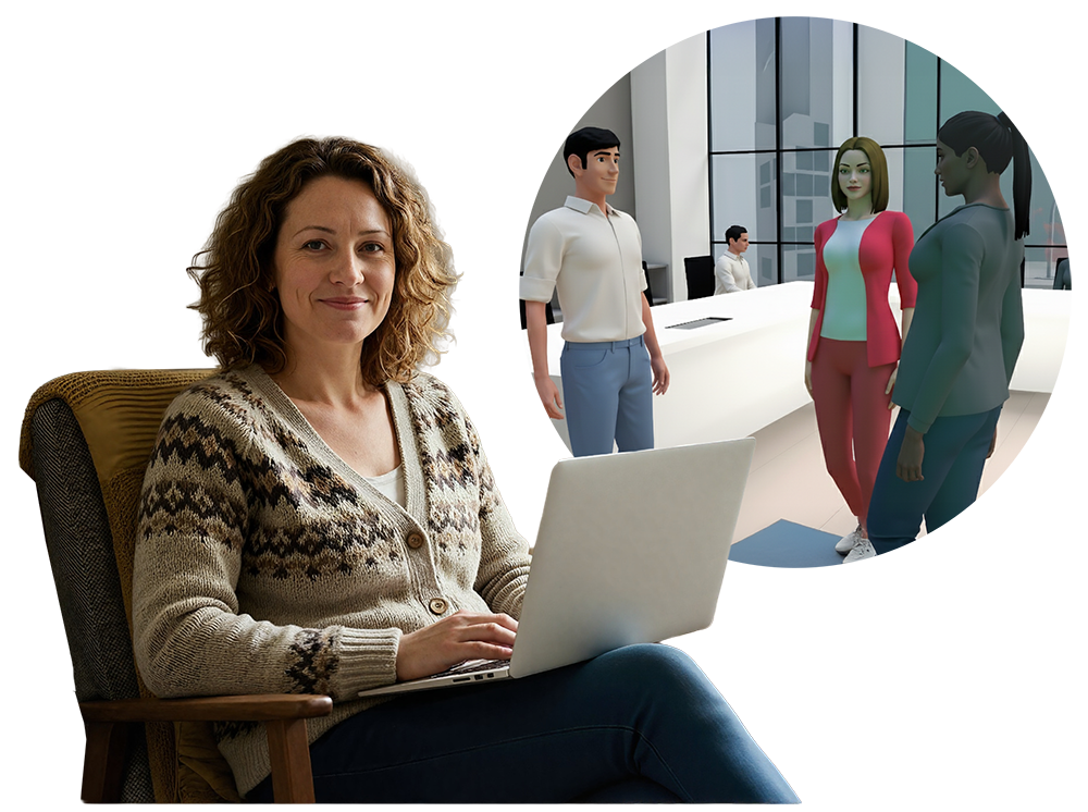 A woman sitting in a chair uses a laptop and smiles toward the camera
